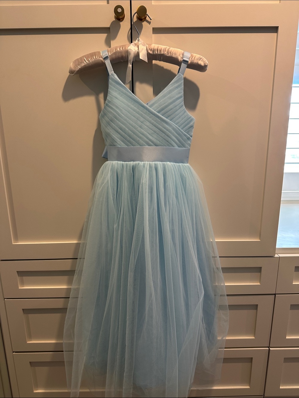 Girls Light Blue Tulle Party Dress with Satin Waistband